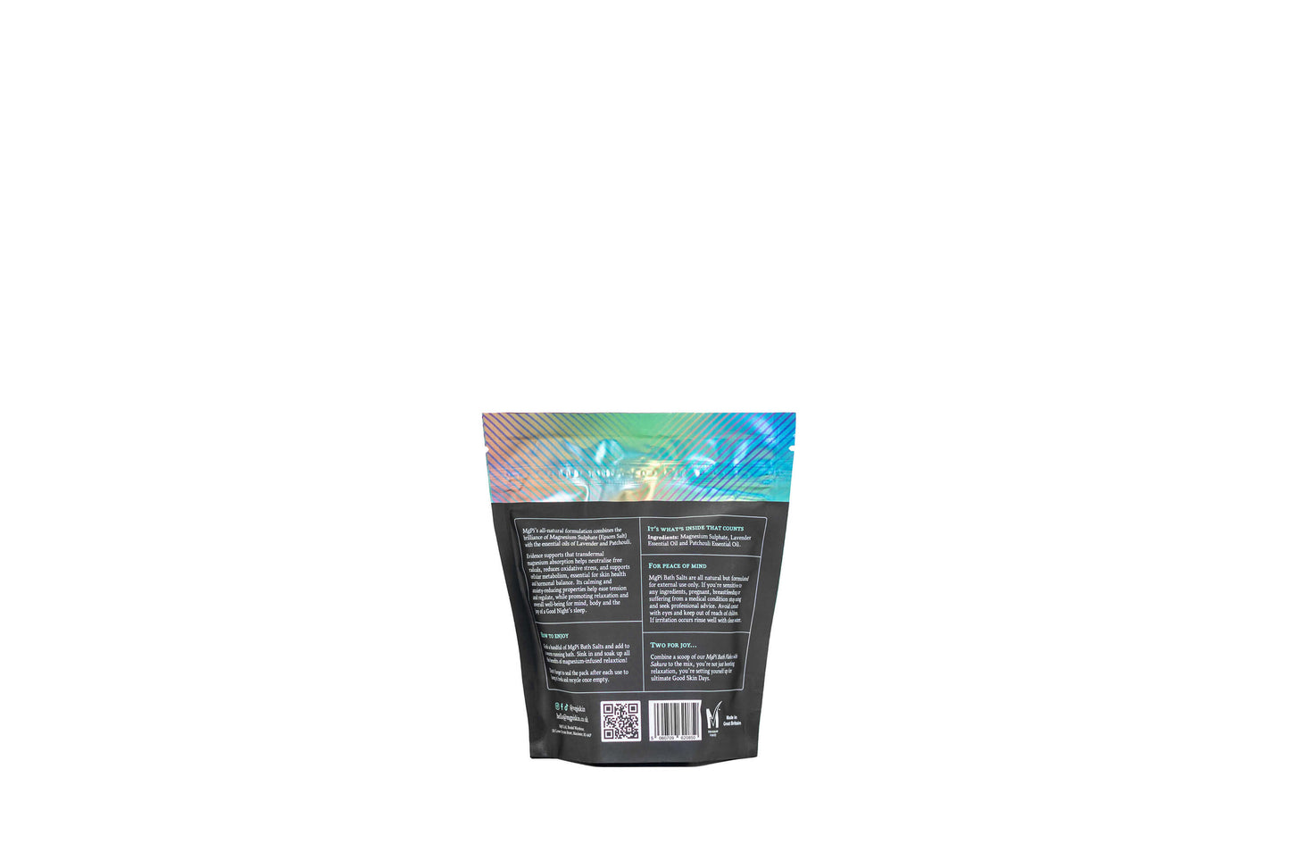 Back of Magnesium Salts 250g pack, with details on ingredients and how-to use