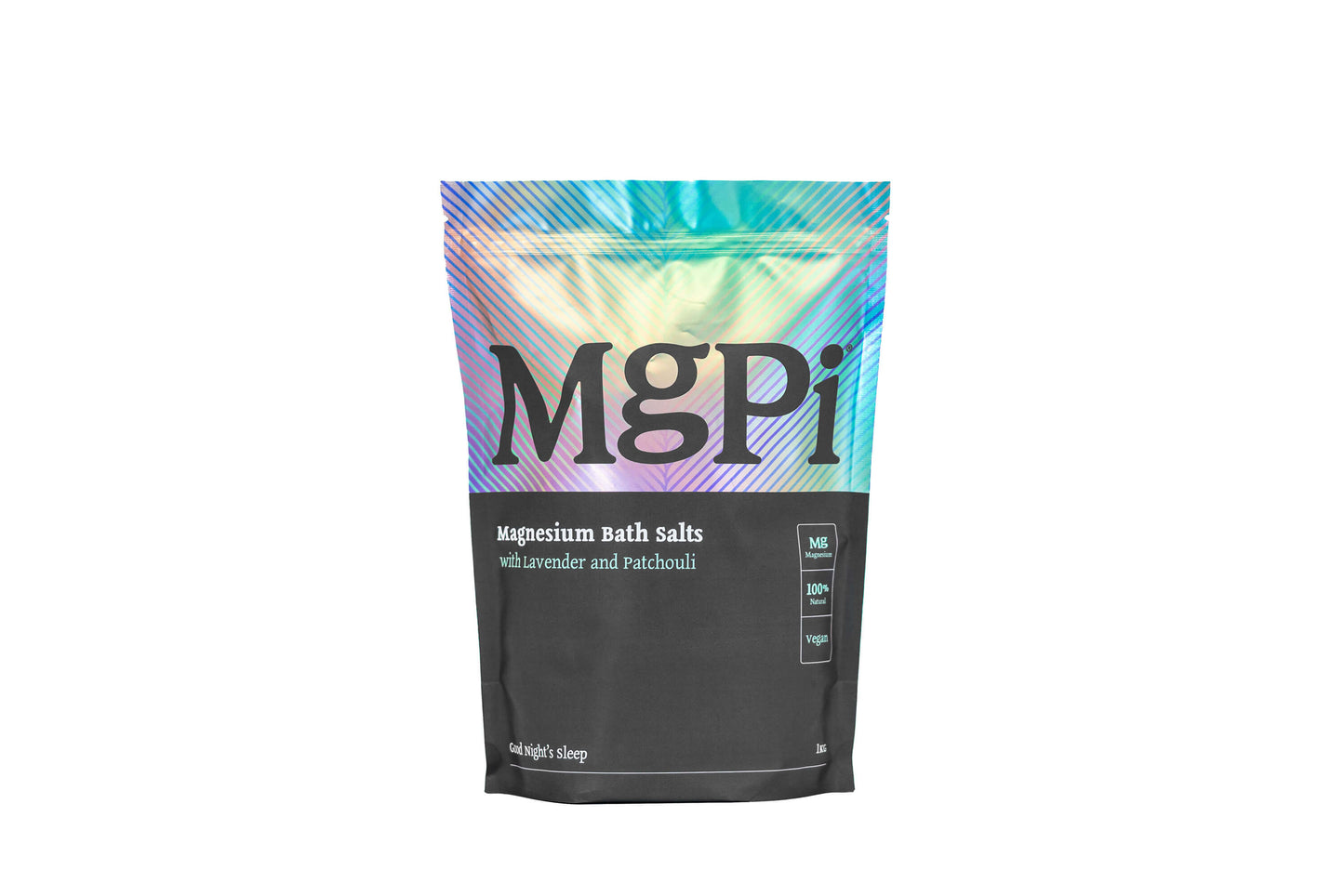 MgPi magnesium bath salts packaging with colorful label on a white background
